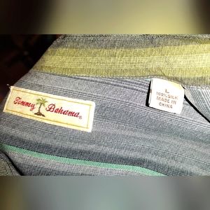 Tommy Bahama. Large. 100% Silk. Green/Black/Gray stripes.